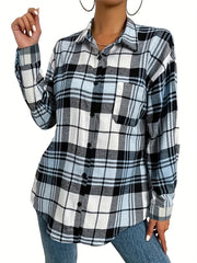  Plaid Print Long Sleeve Button Up Collar Shirt