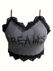  Gothic Cami Top Art Letter Print Lace Trim V Neck Crop Cami