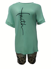 Faith Print Tee & Leopard Print Shorts Set