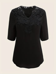  Casual Blouse Women's Plus Solid Contrast Lace Half Sleeve Top