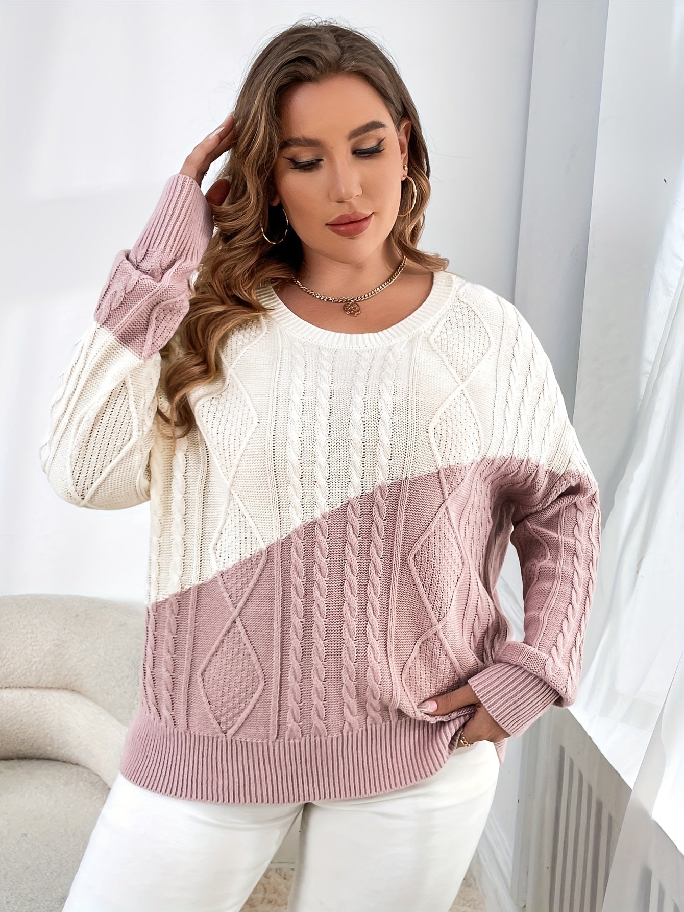  Colorblock Cable Long Sleeve Sweater