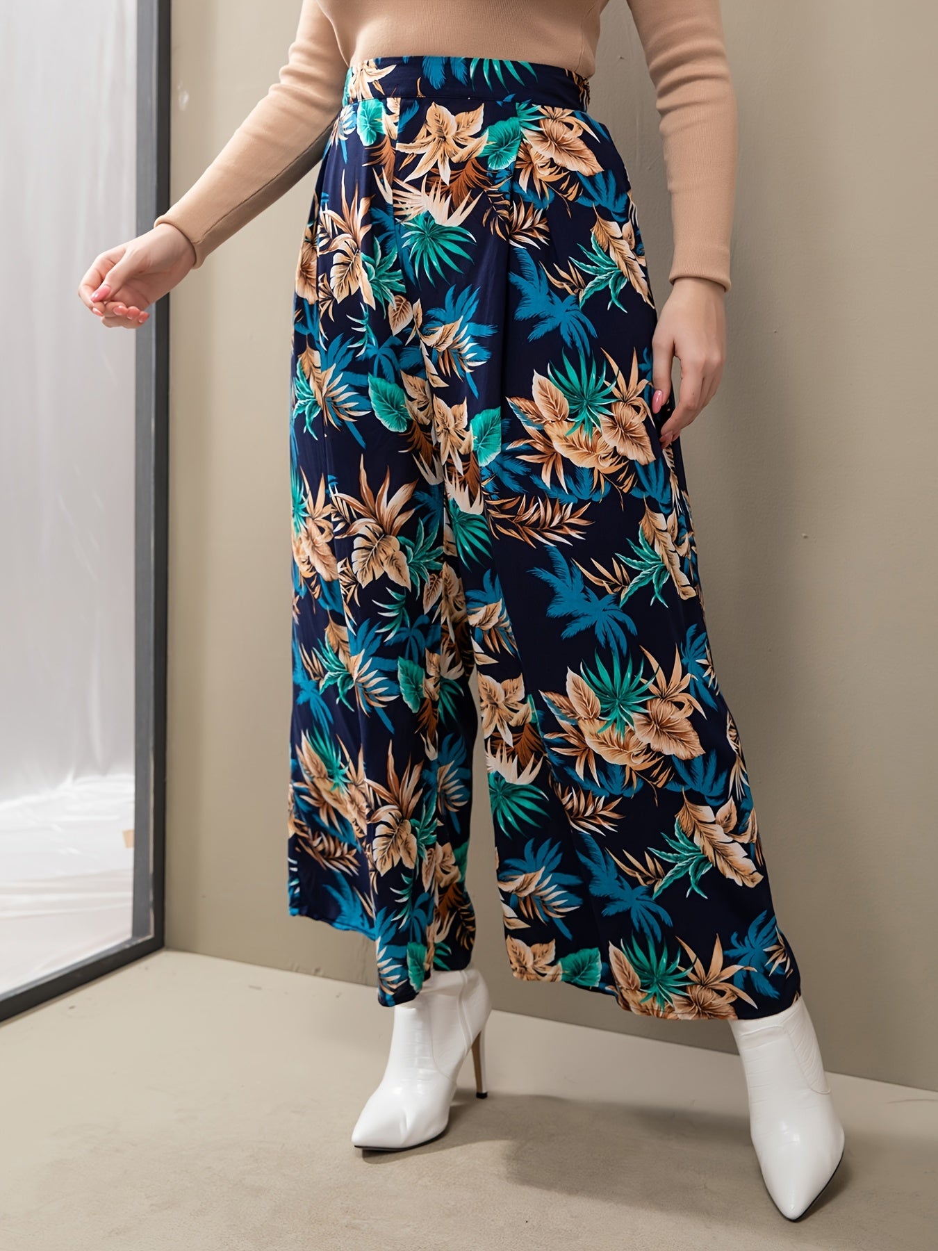 Floral Wide Leg Boot Cut Pants - Plus Size