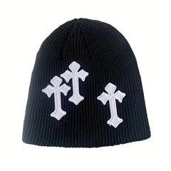 Gothic Cross Patch Knitted Beanie Solid Skull Hat Hip Hop Warm Knit Hat