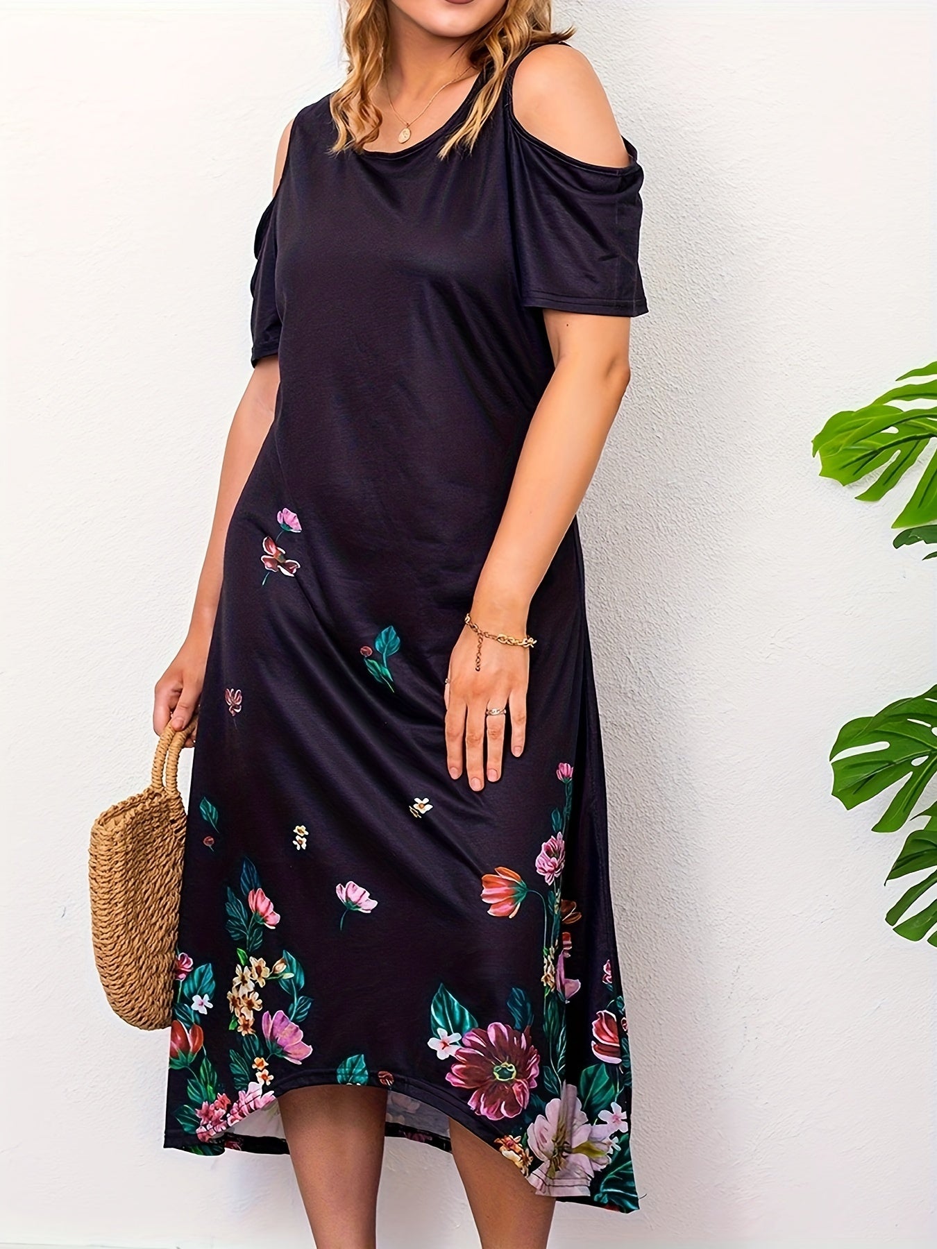  Casual Dress Women's Plus Border Floral Print Cold Shoulder