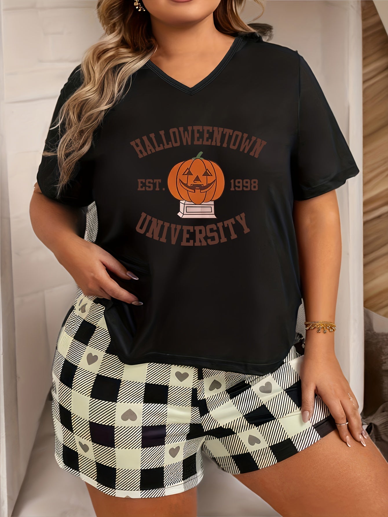  Halloween Lounge Top Women's Plus Funny Pumpkin V Neck Pajama Top