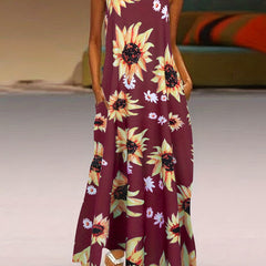  Sunflower Print Tank Dress Sleeveless Maxi A-line Notched Neck