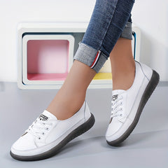 Women's Lace Up Flat Sneakers Low Top Shoes Soft Sole Faux Leather