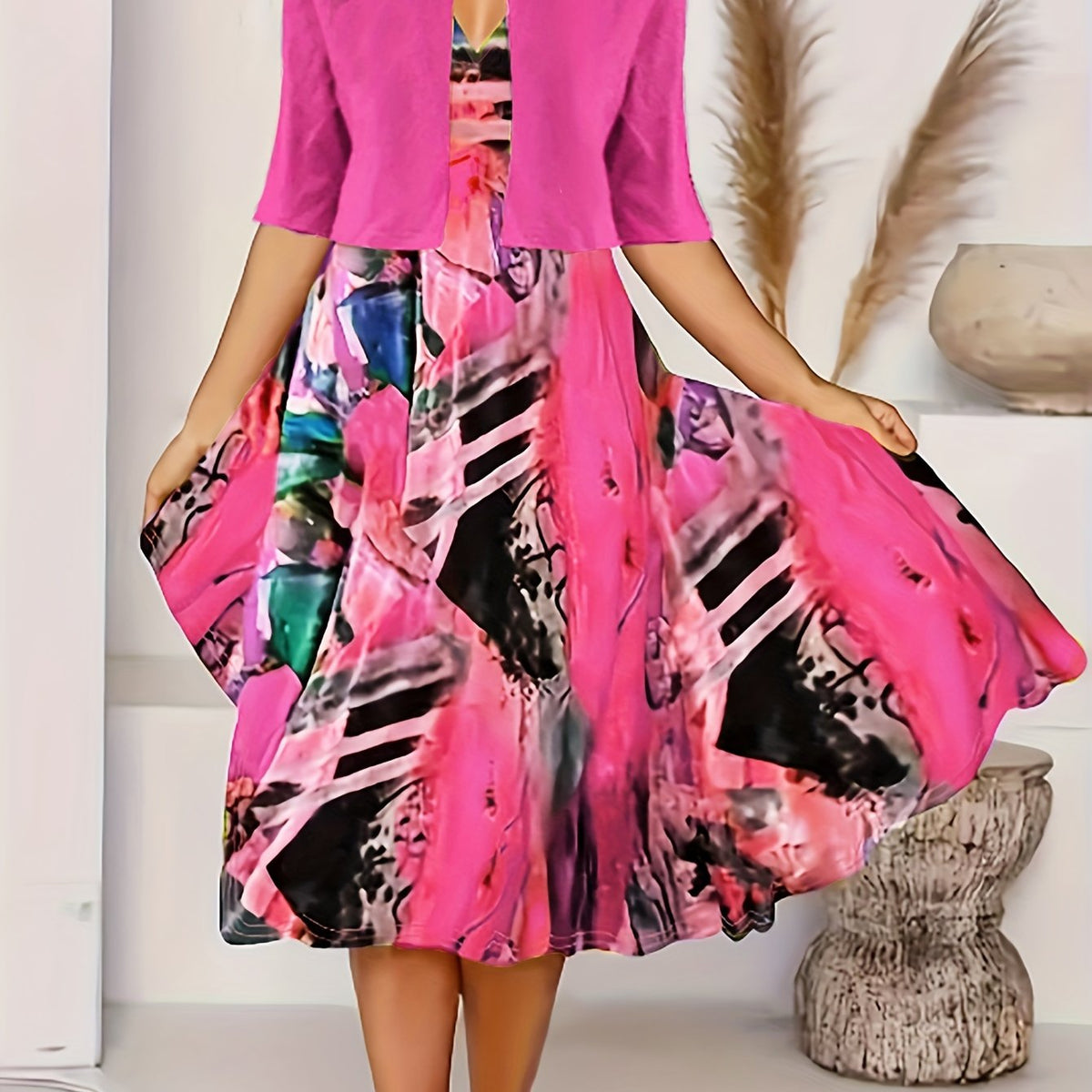 Two Piece Crop Top & Graphic Print Tank Dress Women's Outfit