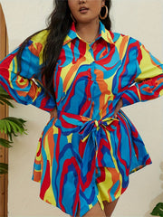 Women's Plus Print Long Sleeve Shirt Dress With Belt