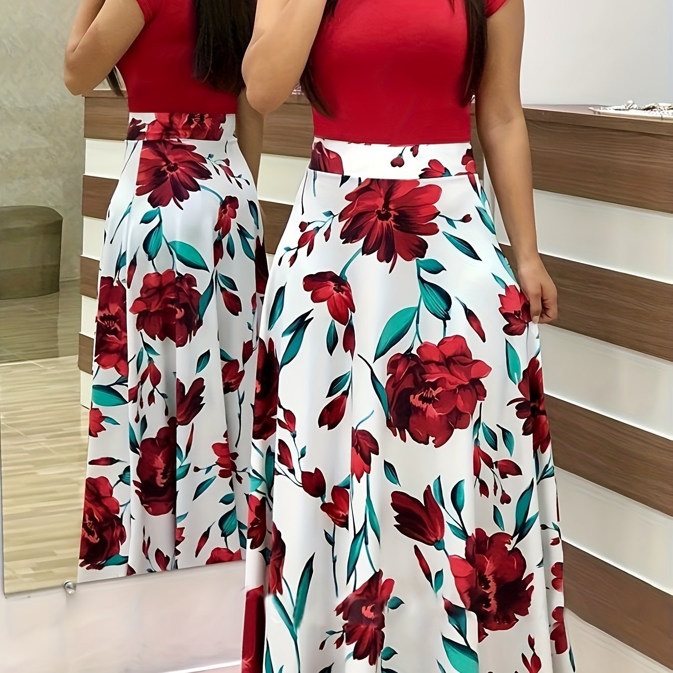 Colorblock Flower Print Short Sleeve Maxi Dress Plus Size