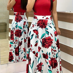 Colorblock Flower Print Short Sleeve Maxi Dress Plus Size