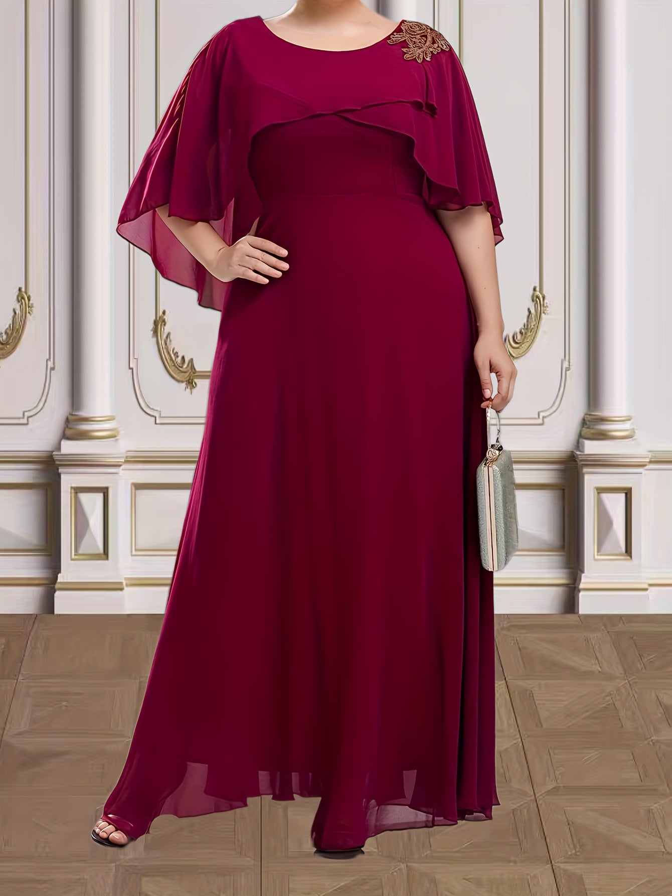  Floral Appliques Wrap Cape Sleeve Party Dress