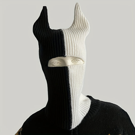 Knit Two Tone Horned Beanie Face Mask Funky Novelty Cold proof