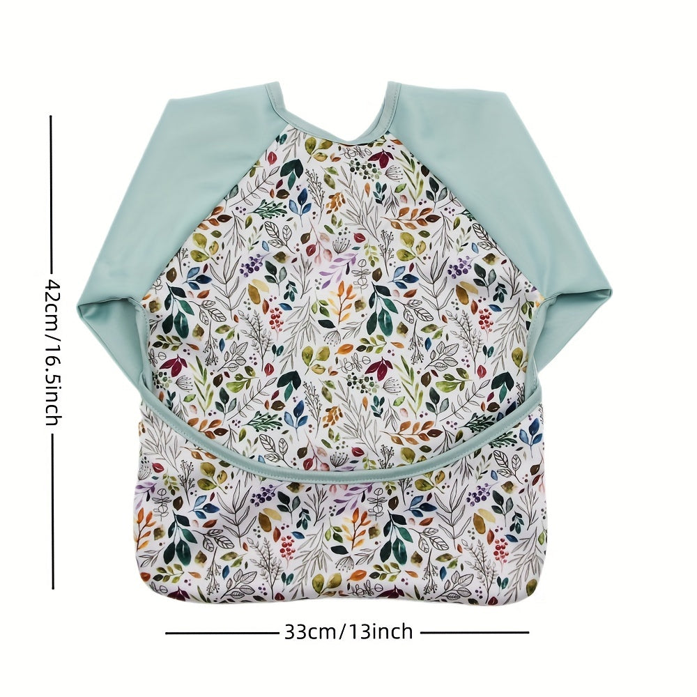 Boho Leaves Print Long Sleeved Feeding Bib for Baby Boys and Girls