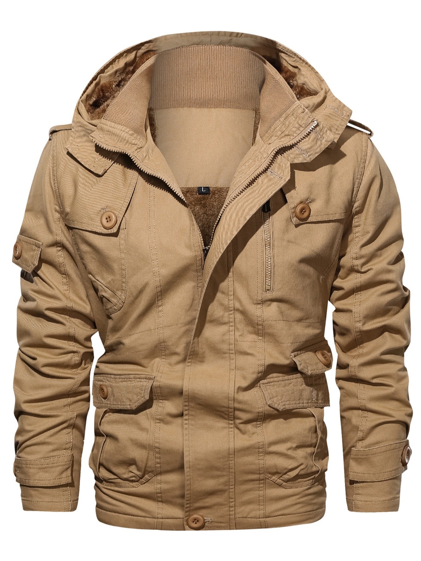 Men's Fleece Warm Cargo Hooded Jacket Vintage Long Sleeves For Winter