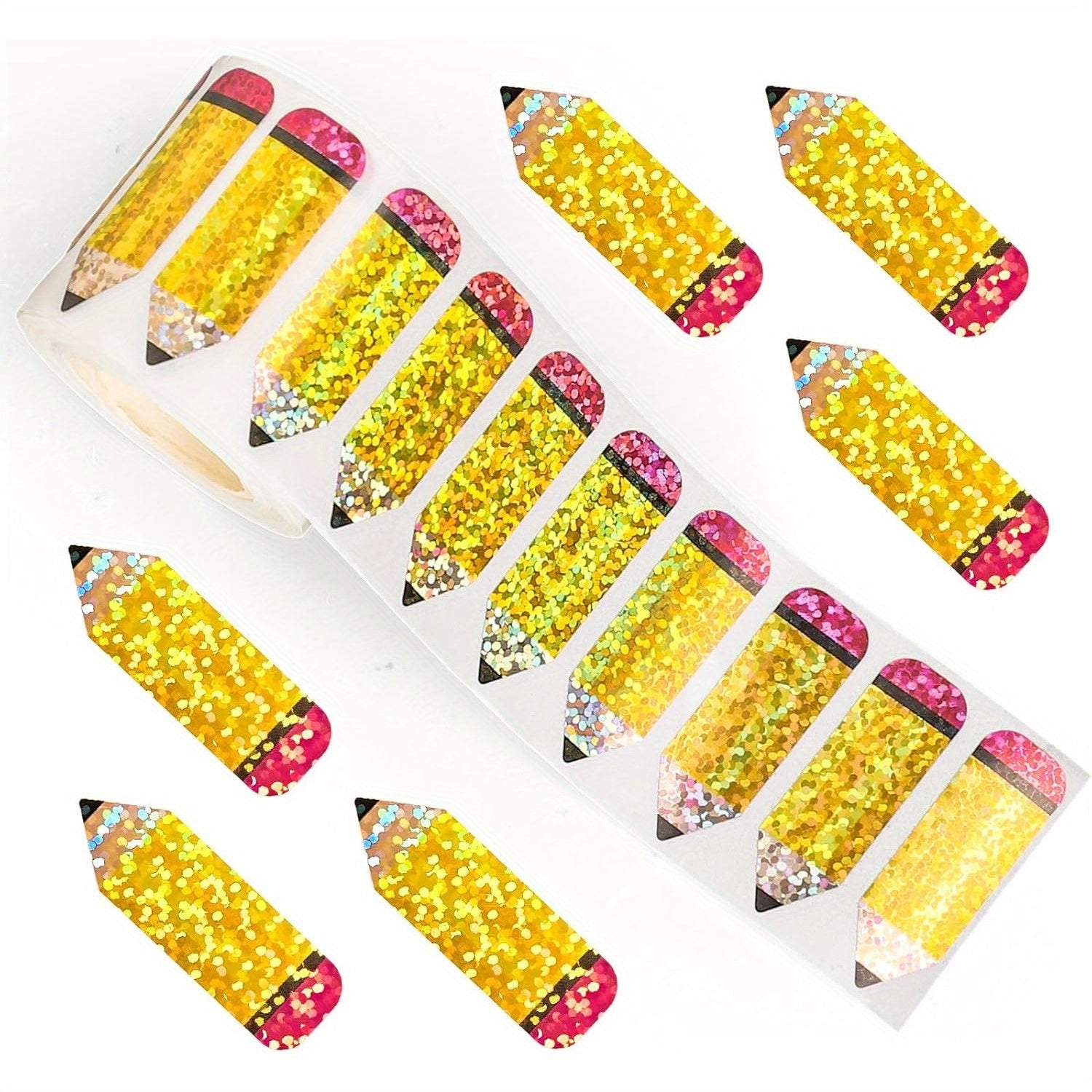 500pcs Back to School Stickers Roll Holographic Laser Cut Pencil Decals