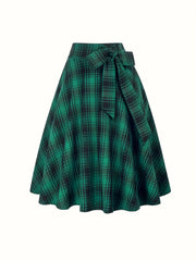  Plaid Print A-line Skirt with Bow Knot Detail