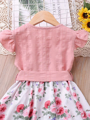 Toddler Girls Ruffle Trim Button Flowers Graphic Princess Dress
