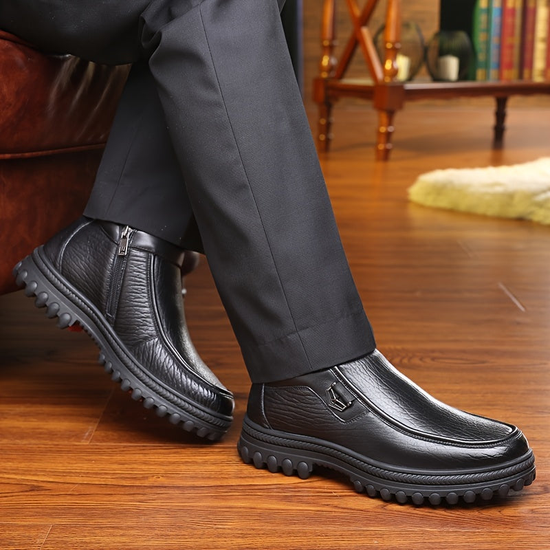 LAORENTOU Men's Leather Warm Plush Lining Casual Zipper Boots