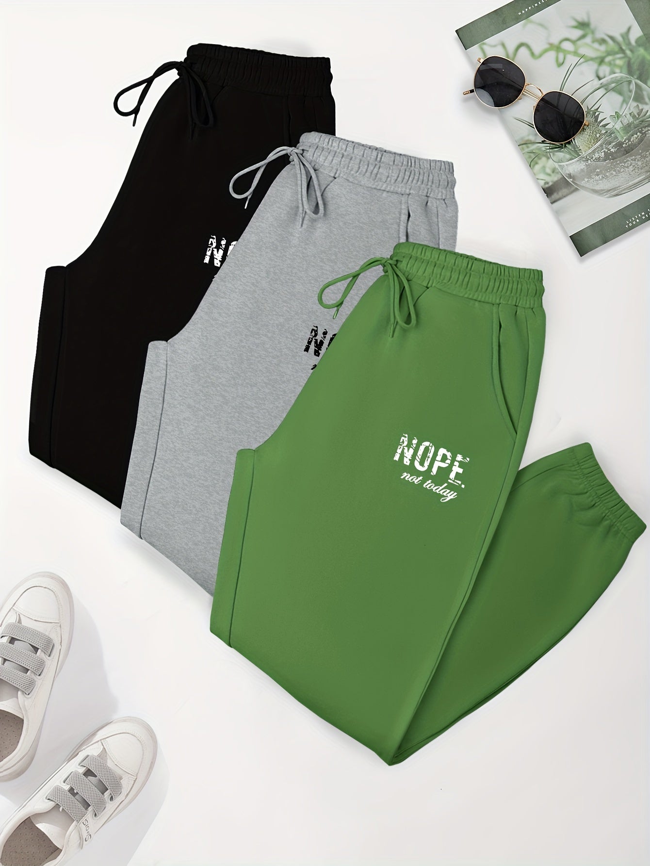 3 Pack Plus Size Sports Pants Set Women's Plus Letter Print Liner Fleece