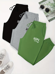 3 Pack Plus Size Sports Pants Set Women's Plus Letter Print Liner Fleece