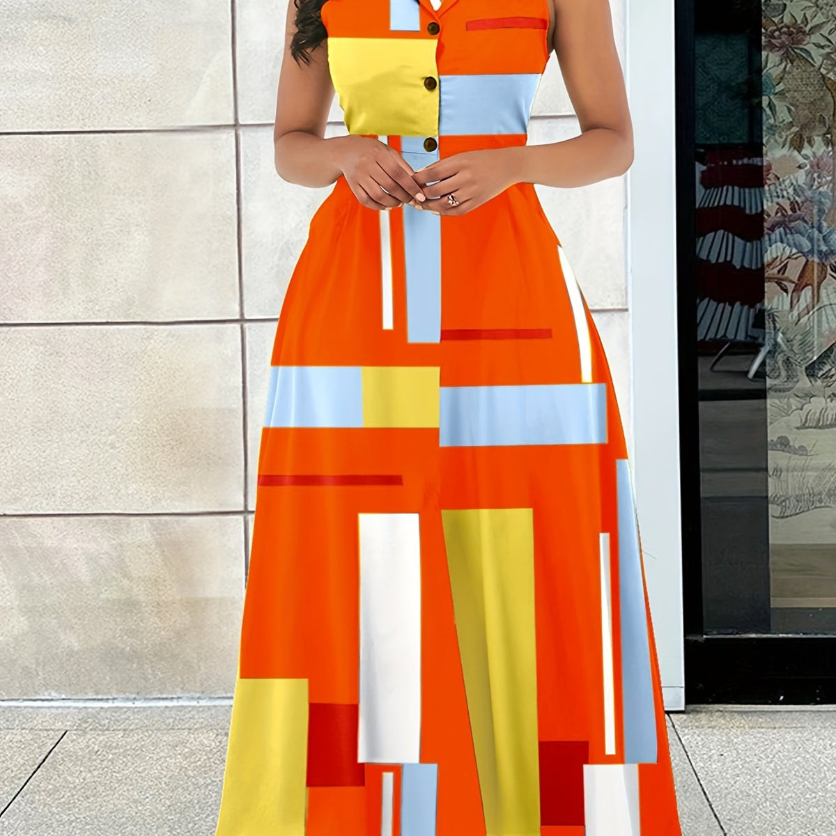  Casual Tank Dress Colorblock Print Button Up Shirt Dress