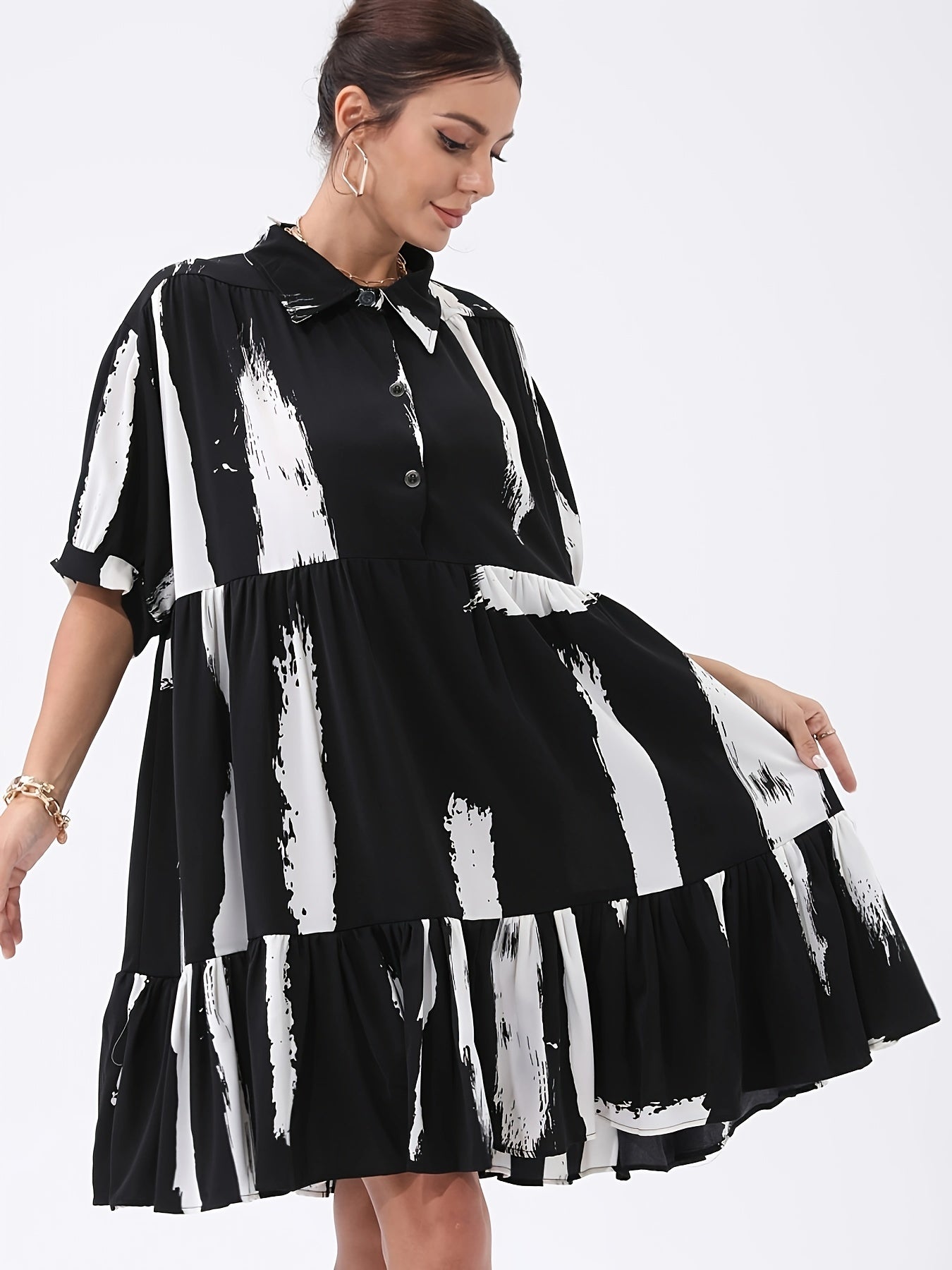  Casual Dress Women's Plus Brush Print Polo Neck Smock Dress