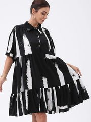  Casual Dress Women's Plus Brush Print Polo Neck Smock Dress
