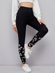  Floral Print Casual Leggings Elastic High Rise