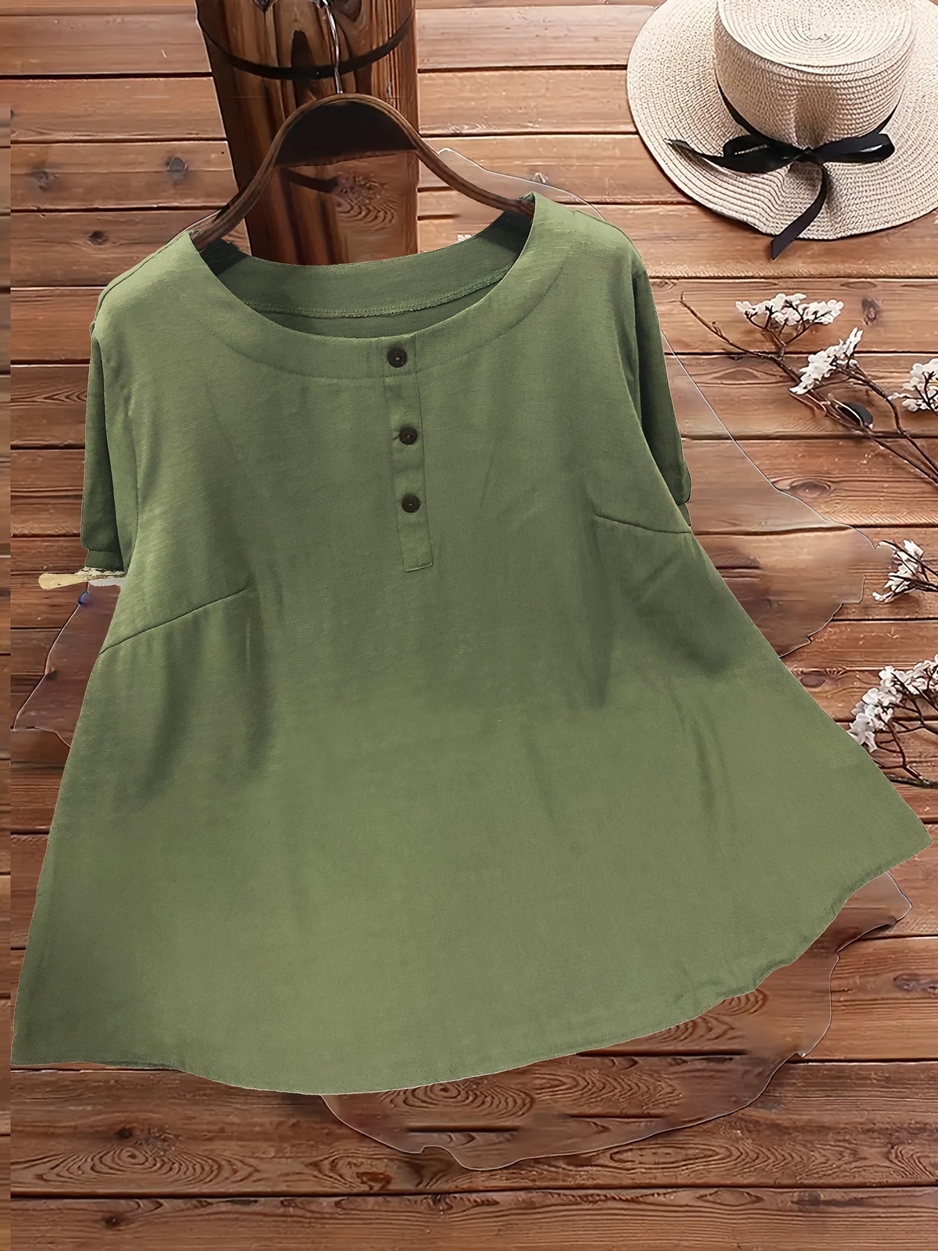  Solid Puff Sleeve Button Blouse