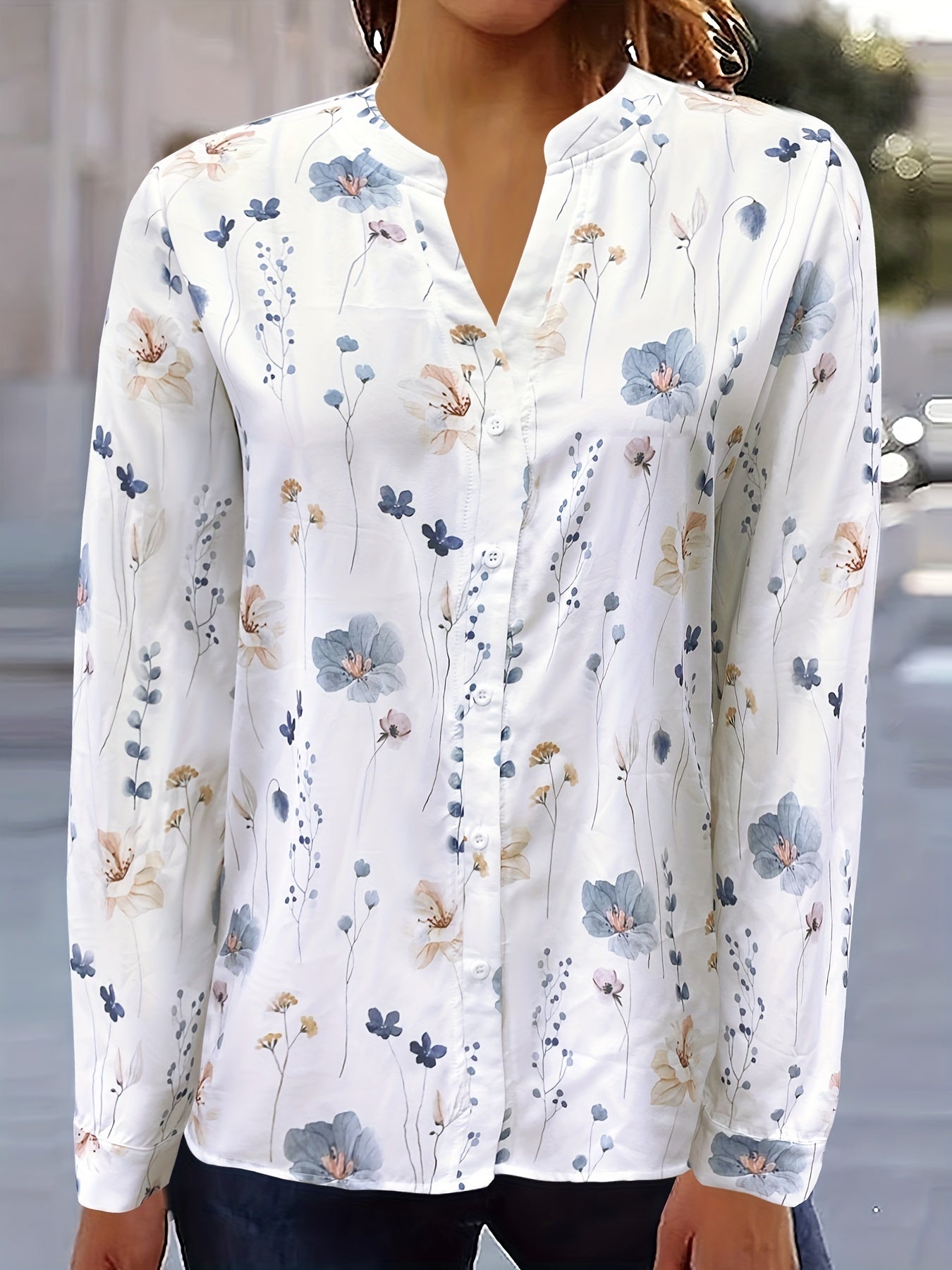  Floral Print Button Up Long Sleeve Blouse