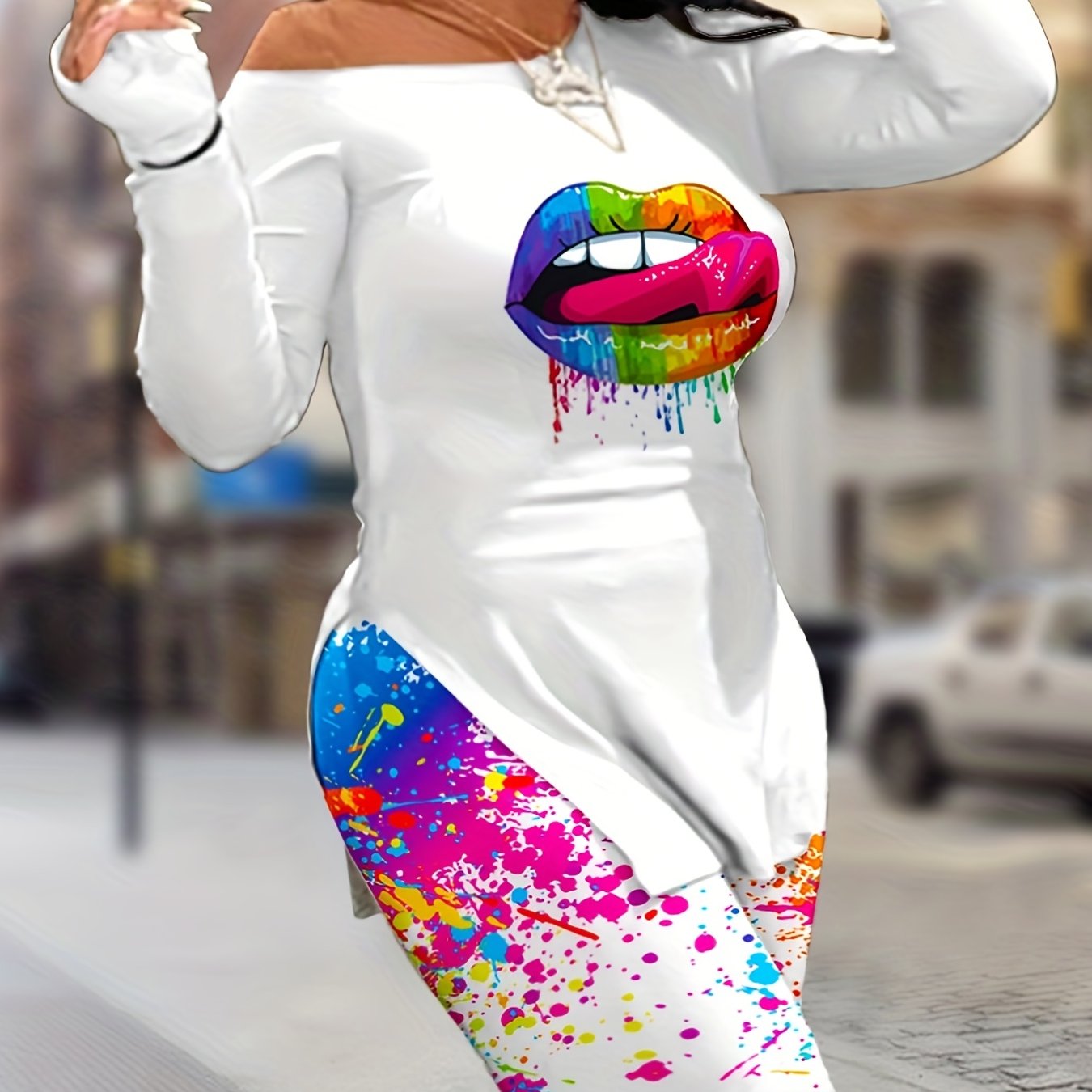 Women's Plus Rainbow Lip & Splash Print Top & Shorts Set