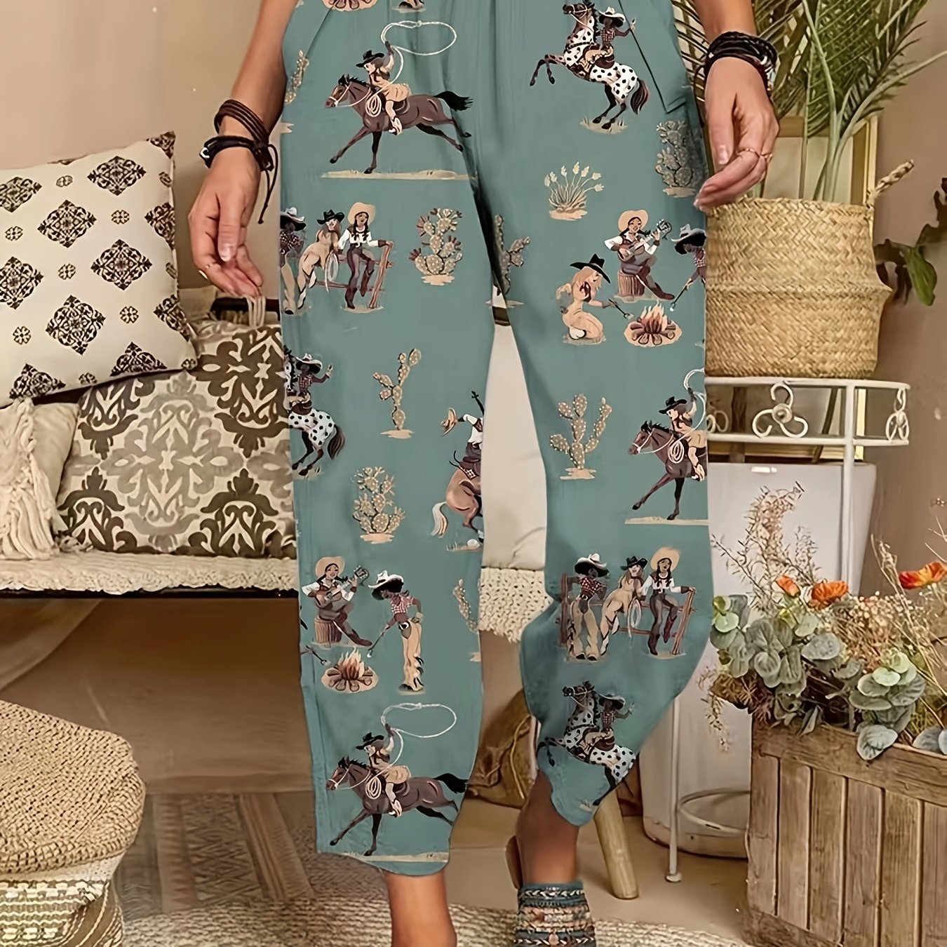 Horse Print High Rise Western Pants