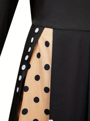  Retro Dress Colorblock Polka Dot Print Long Sleeve Round Neck Dress