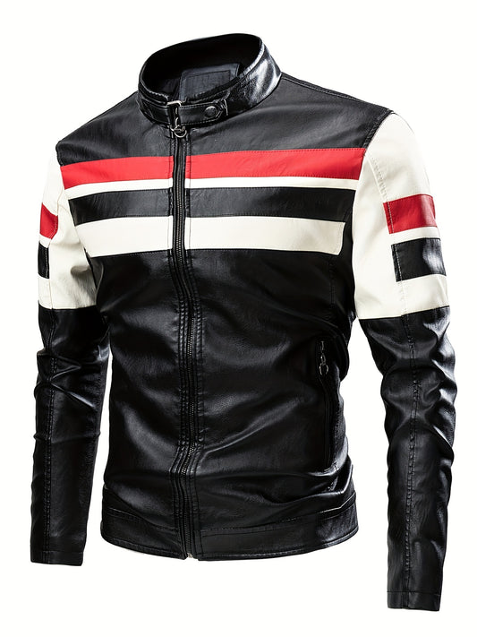 Men's Striped Leather Jacket Stand Collar Motorcycle Coat