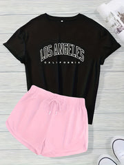 Letter Print Short Sleeve T shirt & Drawstring Waist Shorts Set