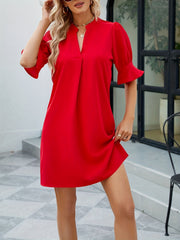 Pleated Puff Sleeve Notched Neck Summer Dress