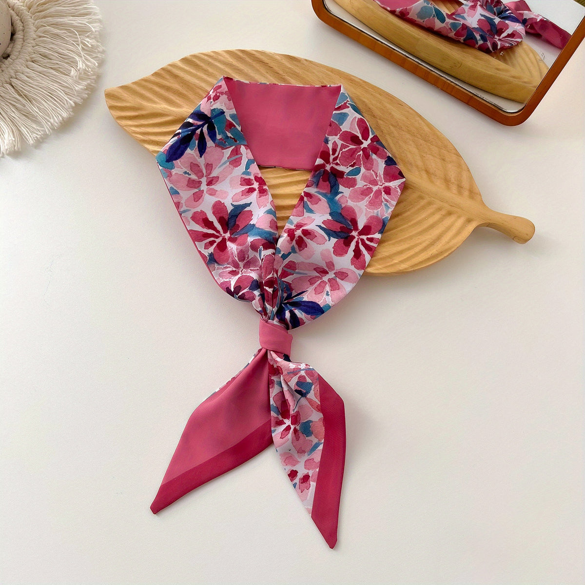 Pink Tie Dye Flower Skinny Scarf Long Ribbon Neckerchief Satin Twilly Scarf