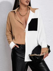  Colorblock Long Sleeve Button Up Blouse