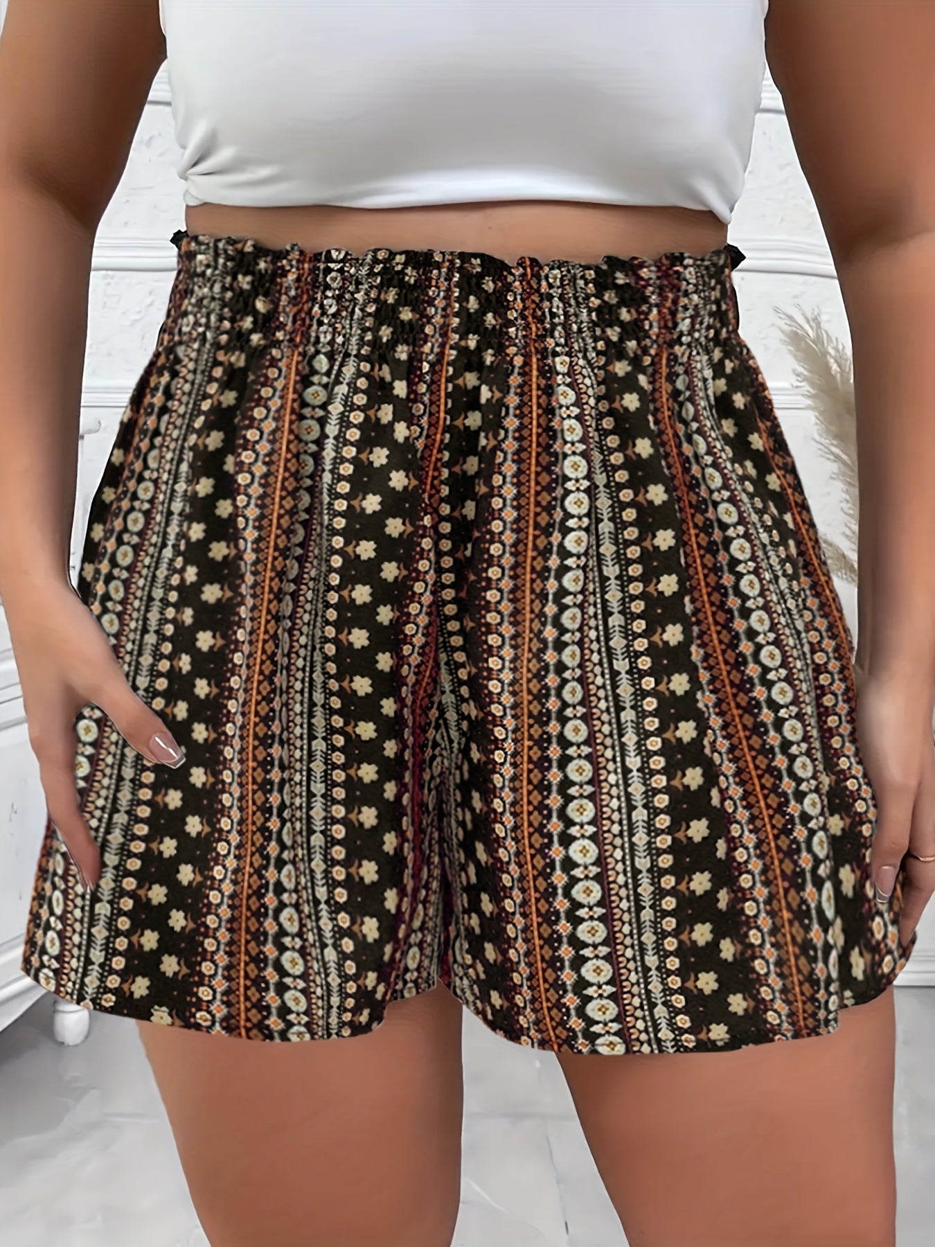  Boho Shorts Women's Plus Colorblock Ditsy Print Elastic High Rise