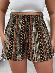  Boho Shorts Women's Plus Colorblock Ditsy Print Elastic High Rise
