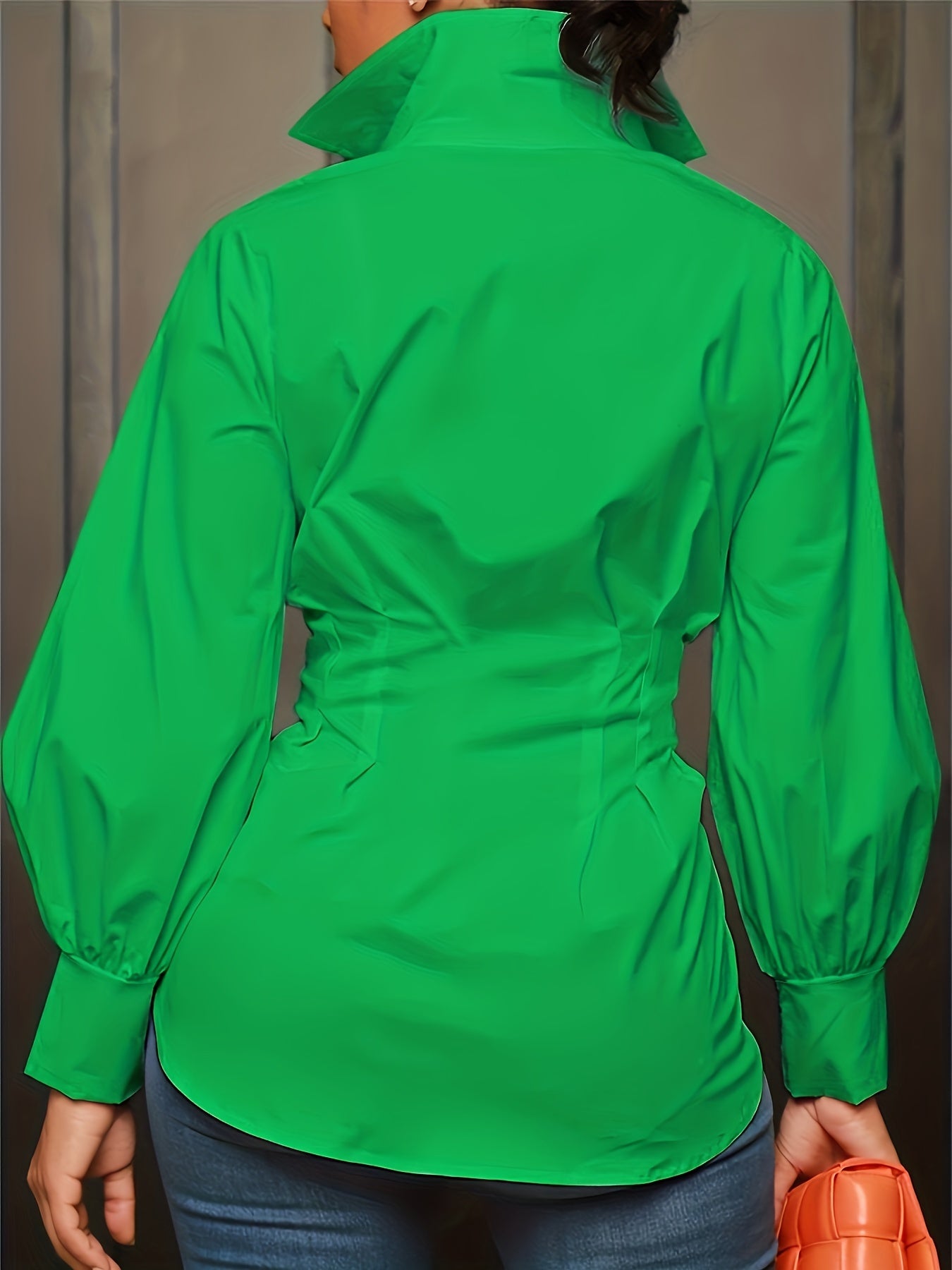  Casual Blouse Button Up Lantern Sleeve Turn Down Collar Blouse