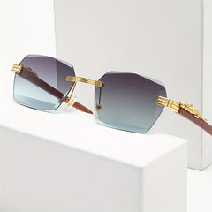 Men's Wood Print Leopard Head Rimless Sunglasses Square Frame Glasses