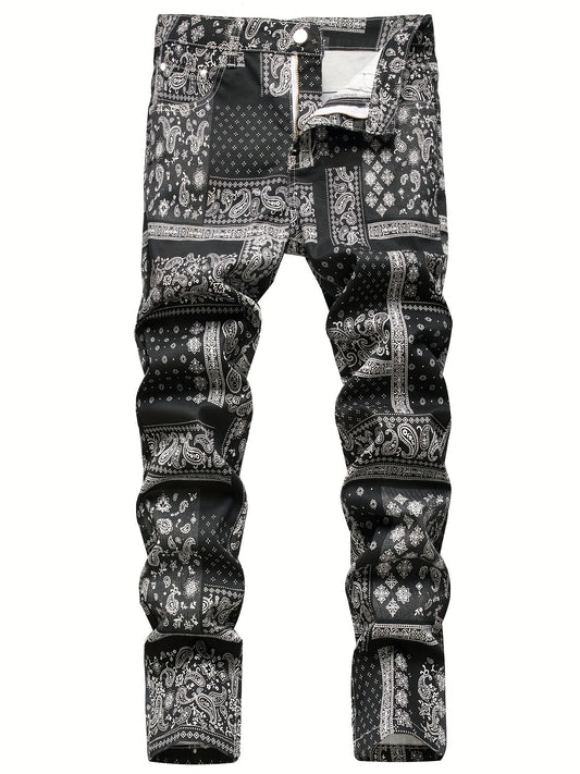 Paisley & Floral Pattern Slim Fit Jeans Men's Street Style Denim Pants