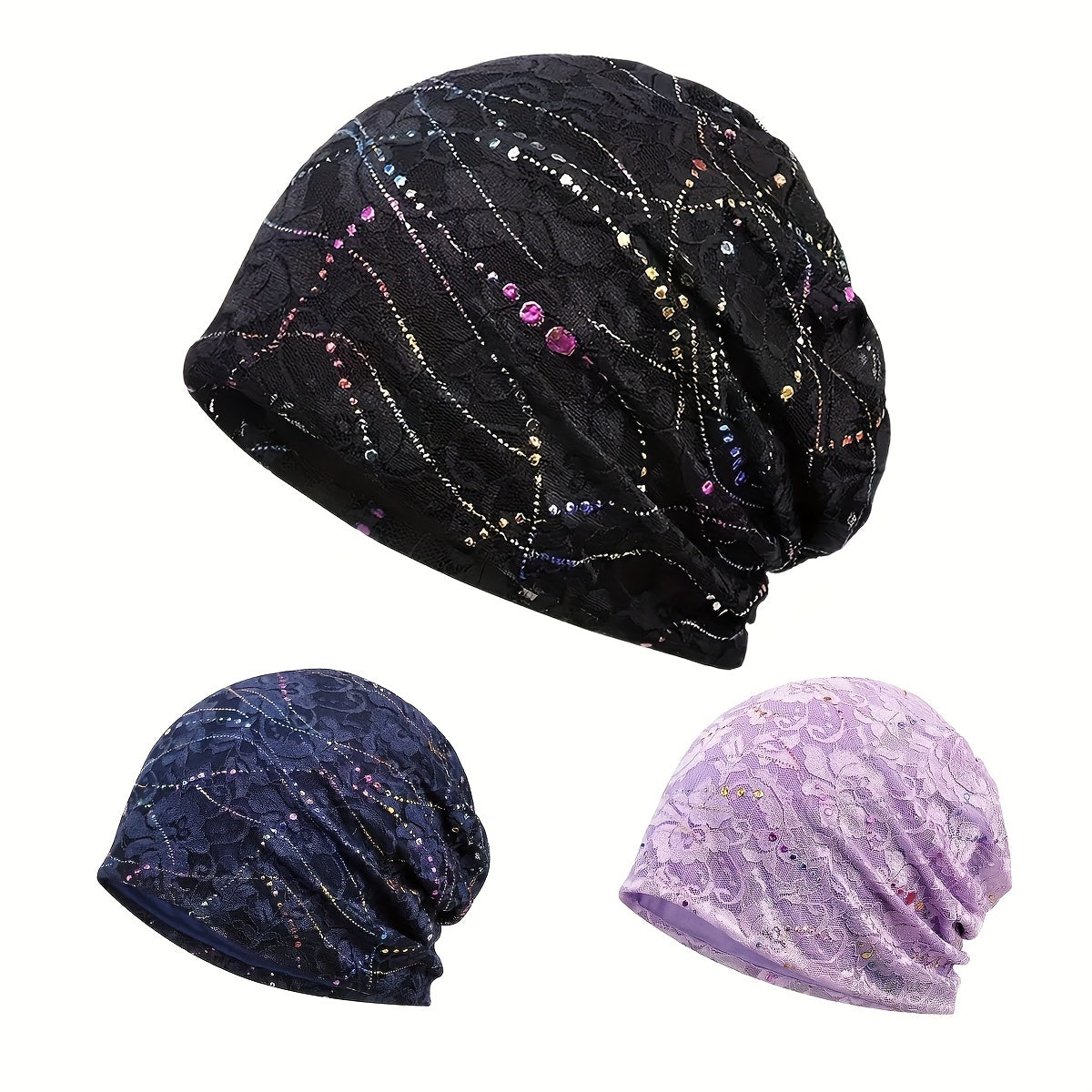 Lace Slouchy Beanie Rhinestone Turban Hat Lightweight Skull Cap