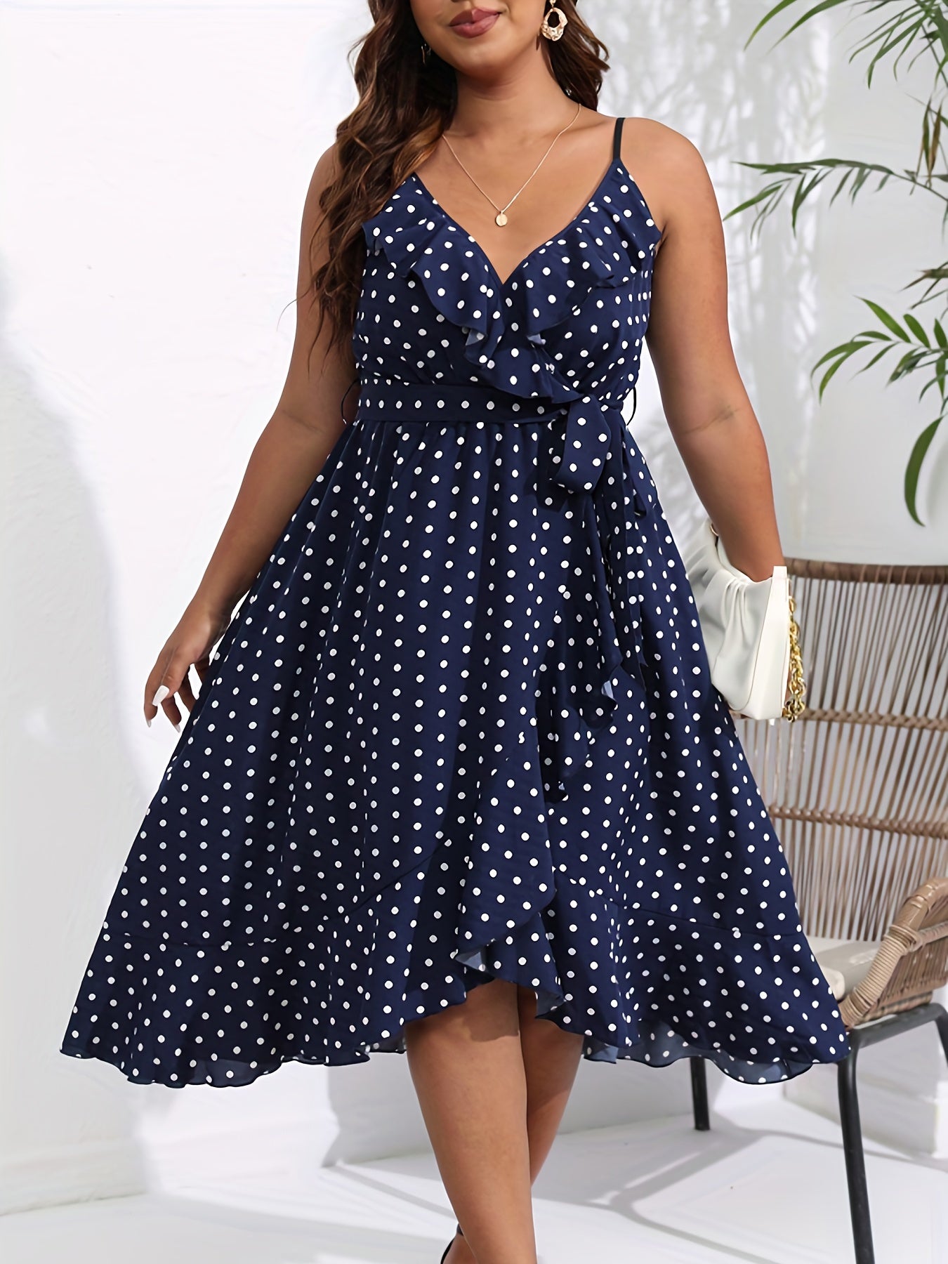  Polka Dot Ruffle V Neck Cami Dress