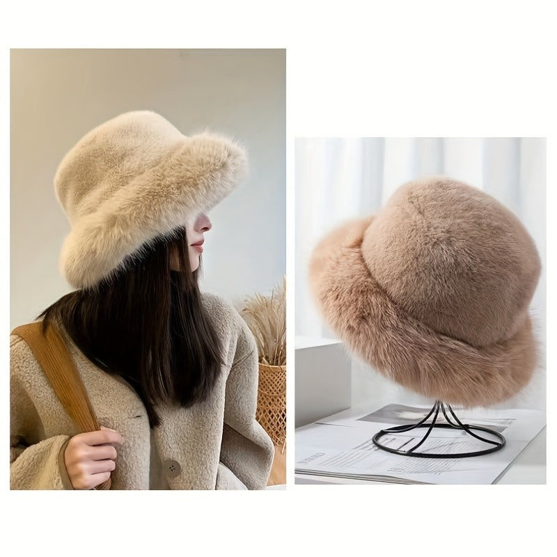 Women's Winter Faux Fur Bucket Hat - Windproof & Warm