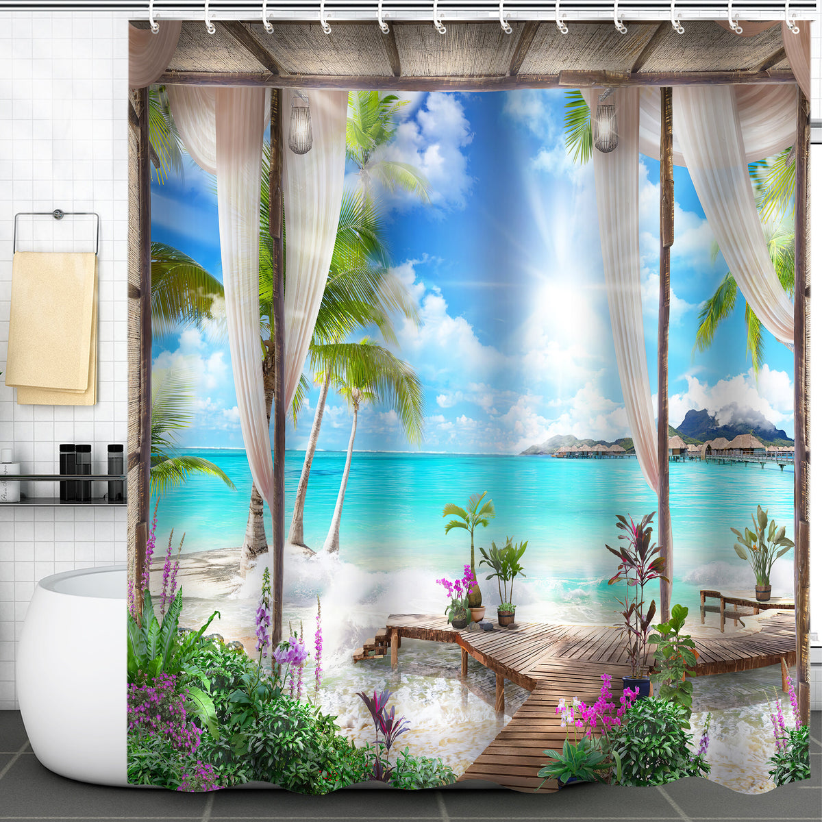 Seaside Courtyard Shower Curtain Summer Vacation Decoration