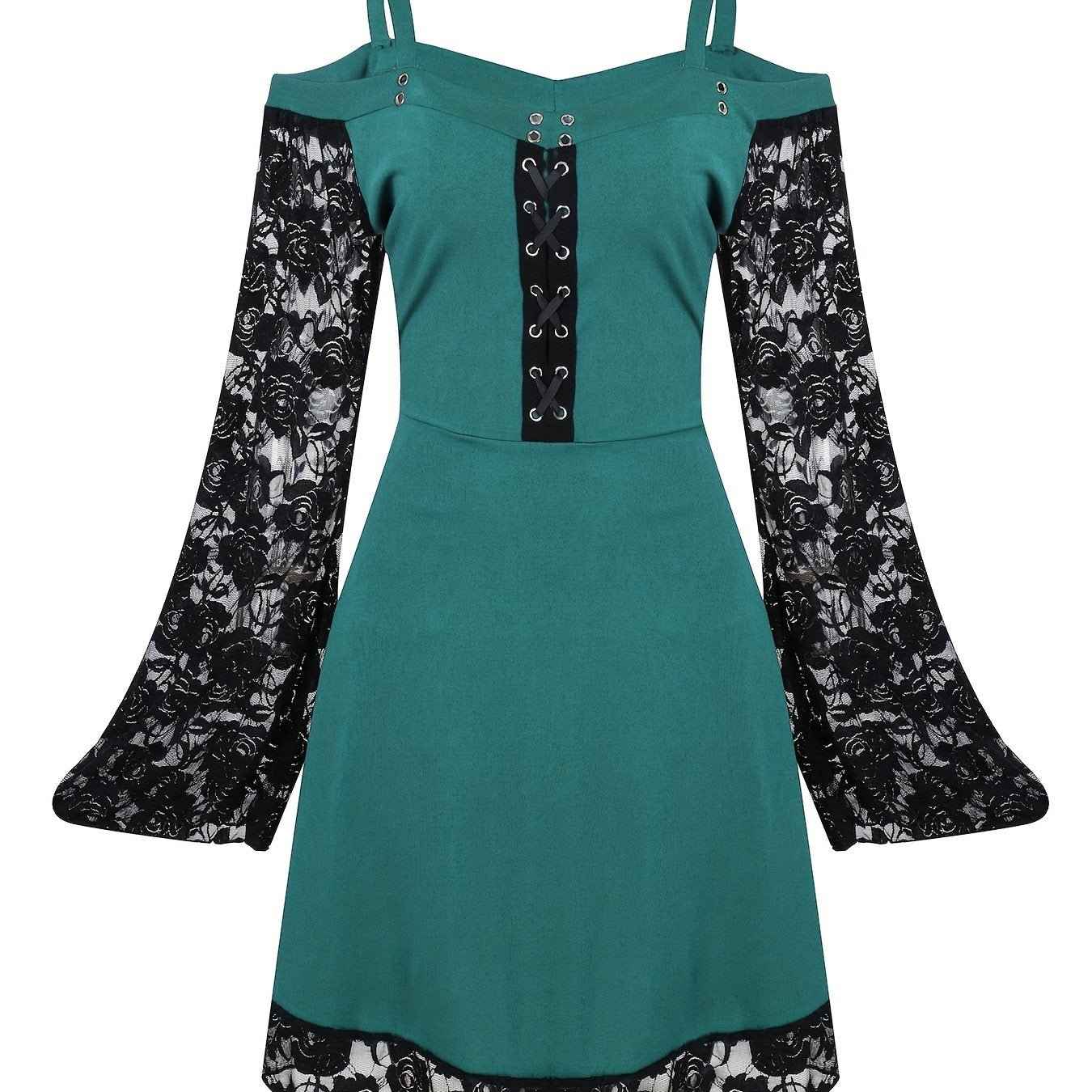  Goth Dress Contrast Lace Bell Sleeve Cold Shoulder Lace Up Dress