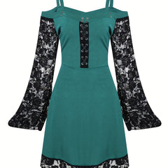  Goth Dress Contrast Lace Bell Sleeve Cold Shoulder Lace Up Dress
